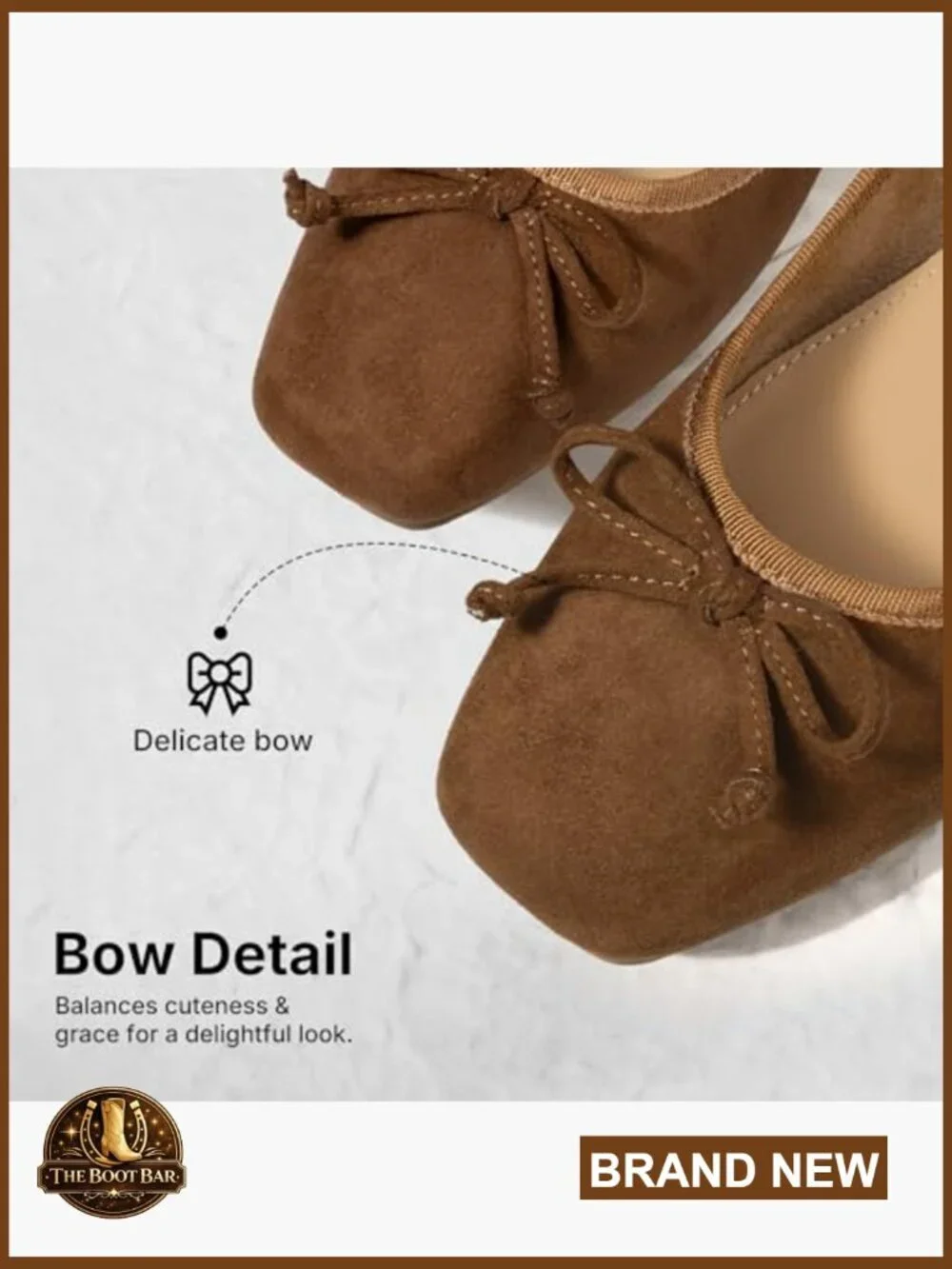 Square Toe Ballet Flats with Bow, Slip On, Cushioned Insole, Size 6-11